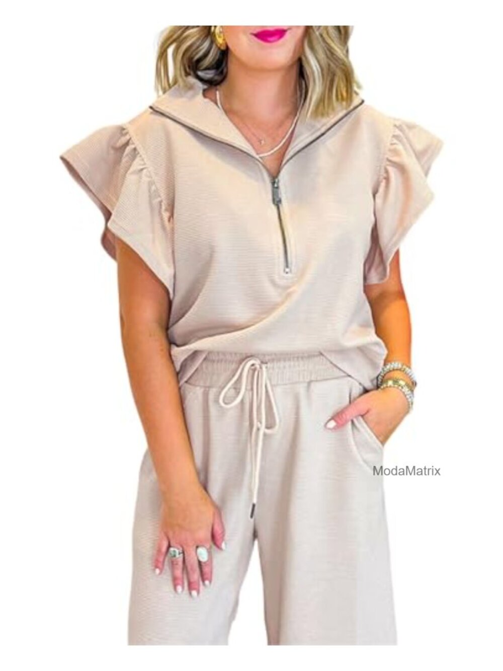Two Piece Lounge Set Ruffle Cap Sleeve Zip Top Wide Leg Pants